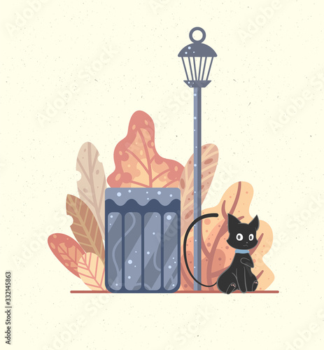 Stray cat beside trash can illustration