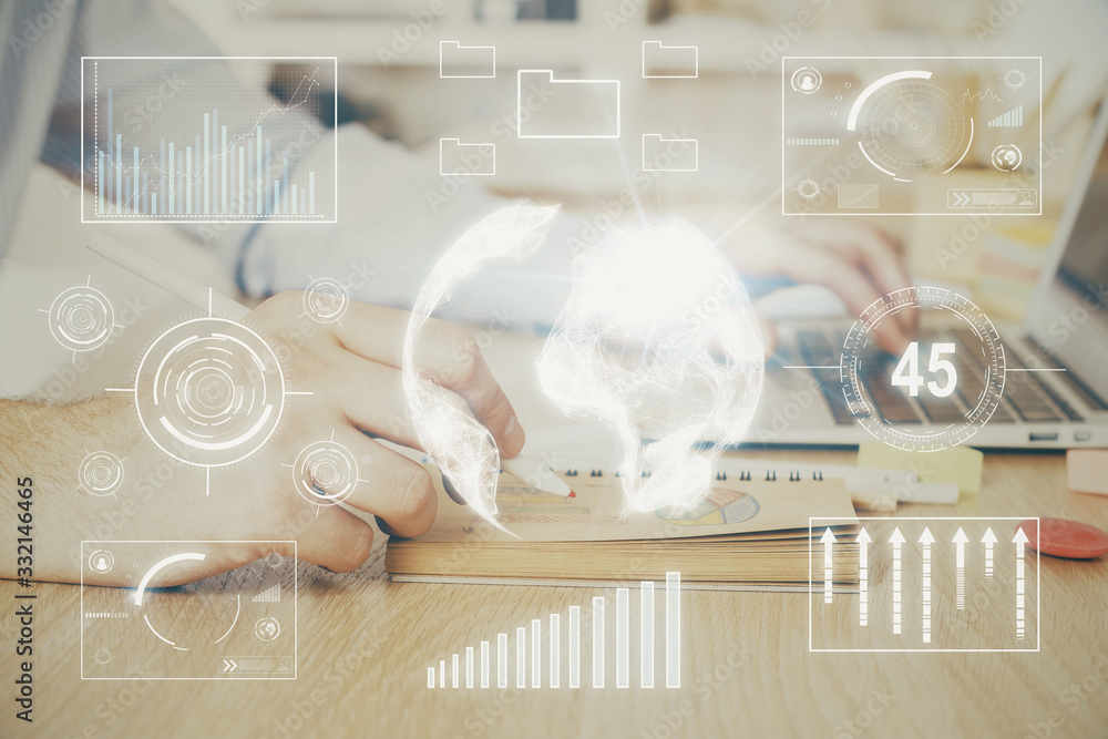 Multi exposure of financial graph with man works in office on background. Concept of analysis. Multi exposure of financial graph with man works in office on background. Concept of analysis.