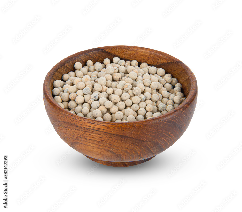 peppercorns in wooden bowl isolated on white background peppercorns in wooden bowl isolated on white background