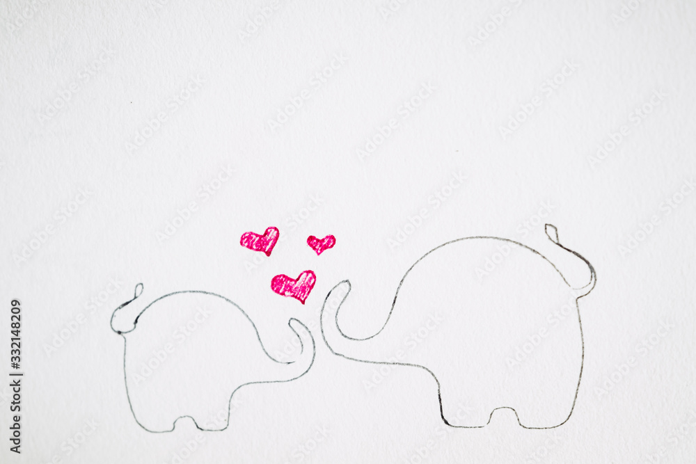 Carte d'amour avec des animaux, deux éléphants et coeurs Carte d'amour avec des animaux, deux éléphants et coeurs