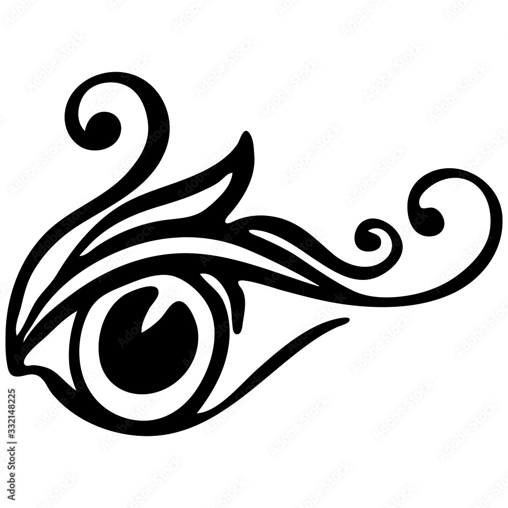 element in black, pattern for tattoo, drawing decorative eye with curls, isolate on a white background element in black, pattern for tattoo, drawing decorative eye with curls, isolate on a white background