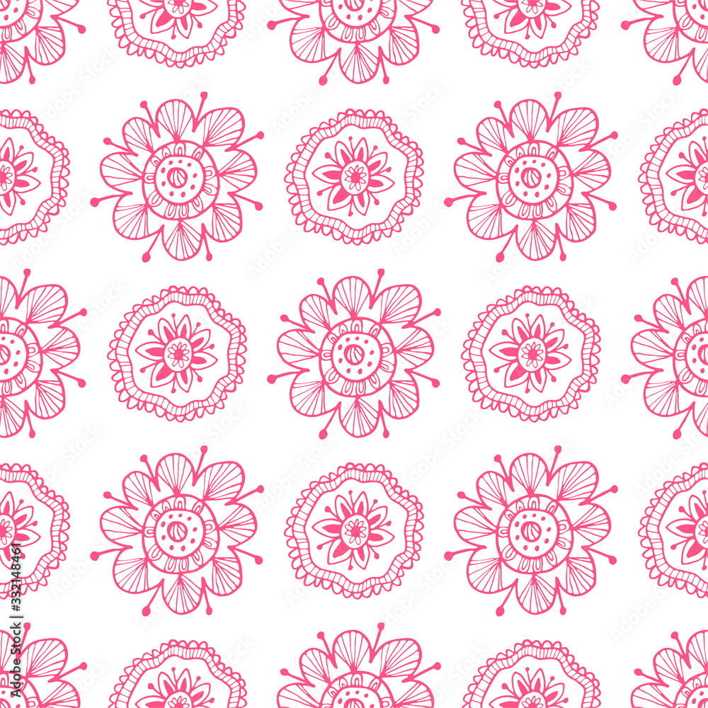 Pink folk floral seamless pattern. Hand drawing vector illustration. Flowers and leaves doodles. Pink folk floral seamless pattern. Hand drawing vector illustration. Flowers and leaves doodles.