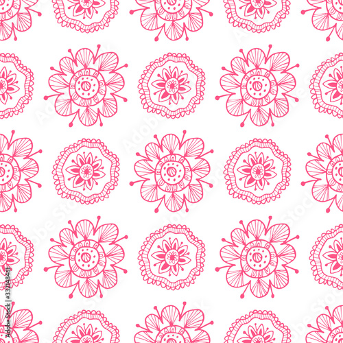 Pink folk floral seamless pattern. Hand drawing vector illustration. Flowers and leaves doodles.