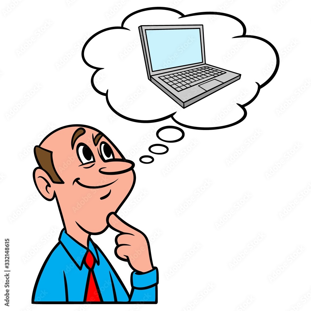 Thinking about a Laptop Computer - A cartoon illustration of a man thinking about buying a Laptop Computer. Thinking about a Laptop Computer - A cartoon illustration of a man thinking about buying a Laptop Computer.