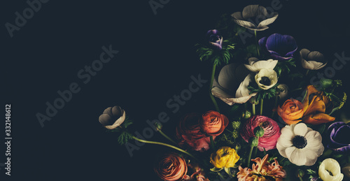 Vintage bouquet of beautiful different flowers. Floral background.