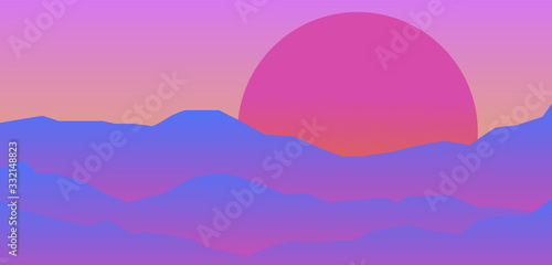 Landscape with sunset above the mountains or hills. Minimalist vector illustration.