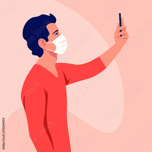 A young man wears medical mask takes a selfie and holds smartphone in his hand. Coronavirus. A blogger. Epidemic and pandemic. Vector flat illustration