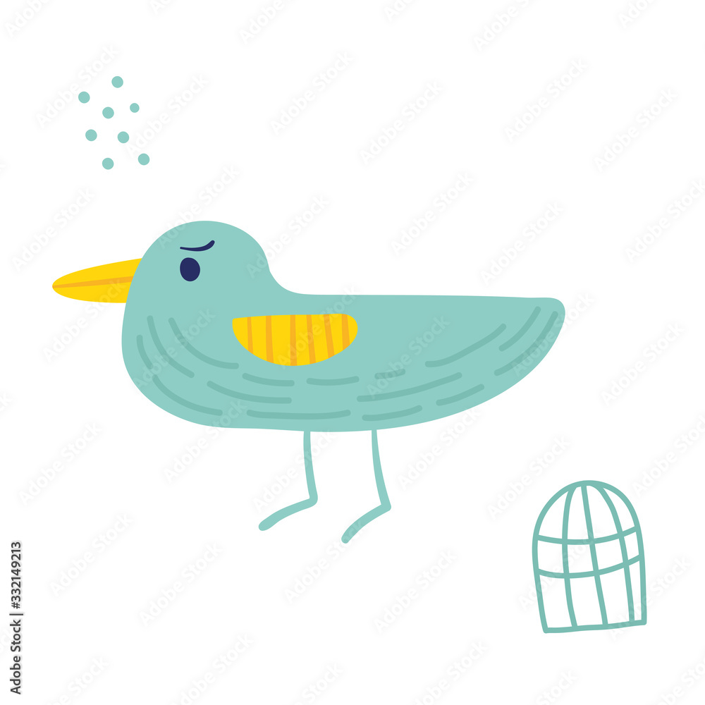 Turquoise and funny bird.Flat hand drawn vector illustration.Funny and cute character