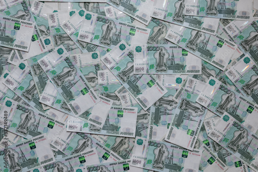 background of Russian rubles thousandths of bills front side