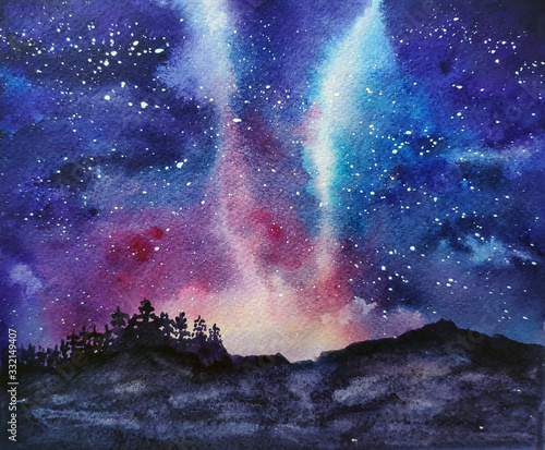 Watercolor abstract background with space  stars  mountains and forest
