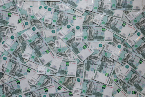 background of Russian rubles thousandths of bills front side