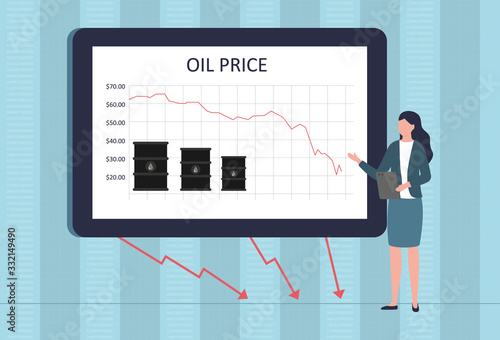 The concept of falling oil prices. A declining dollar chart for natural carbohydrates. A female analyst is standing at the data board. Down arrows, oil barrels. Flat vector illustration on a blue back