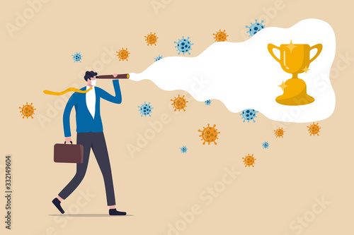 Business opportunity vision and leadership in COVID-19 Coronavirus crisis concept, Confident businessman holding telescope visioning the champion winning cup among virus pathogens.