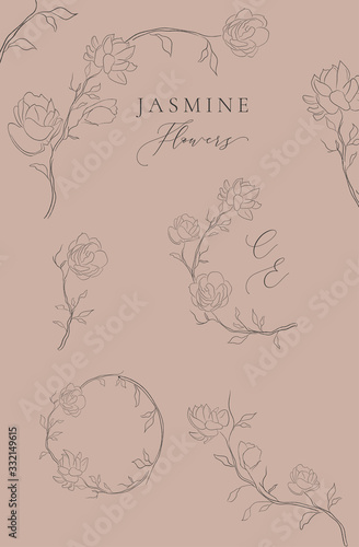 Collection of line drawing vector floral wreaths, frames, hand drawn Jasmine ...