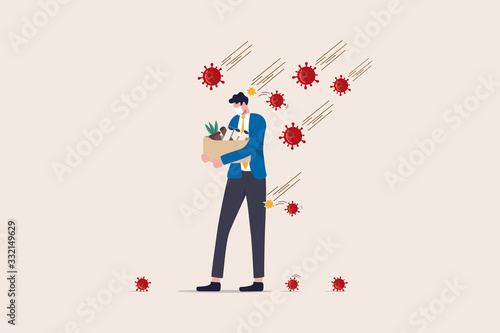 Unemployment, jobless from COVID-19 Coronavirus outbreak, company closed and business shut down and worker being fired, sad businessman carrying thing after being fired, virus pathogens fall on him.