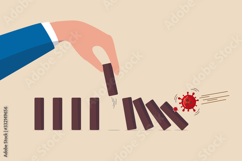 Stop domino effect of market and economics collapse, financial crisis from COVID-19 Coronavirus flu outbreak, COVID-19 virus pathogen impact domino create fall domino effect but hand pick one to stop