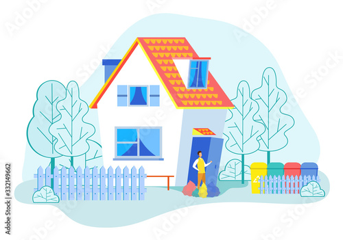 Man Stand at Home Entrance with Garbage Bag for Throwing to Special Containers with Recycle Sign for Different Types of Litter. Collecting, Recycling Waste Segregation Cartoon Flat Vector Illustration