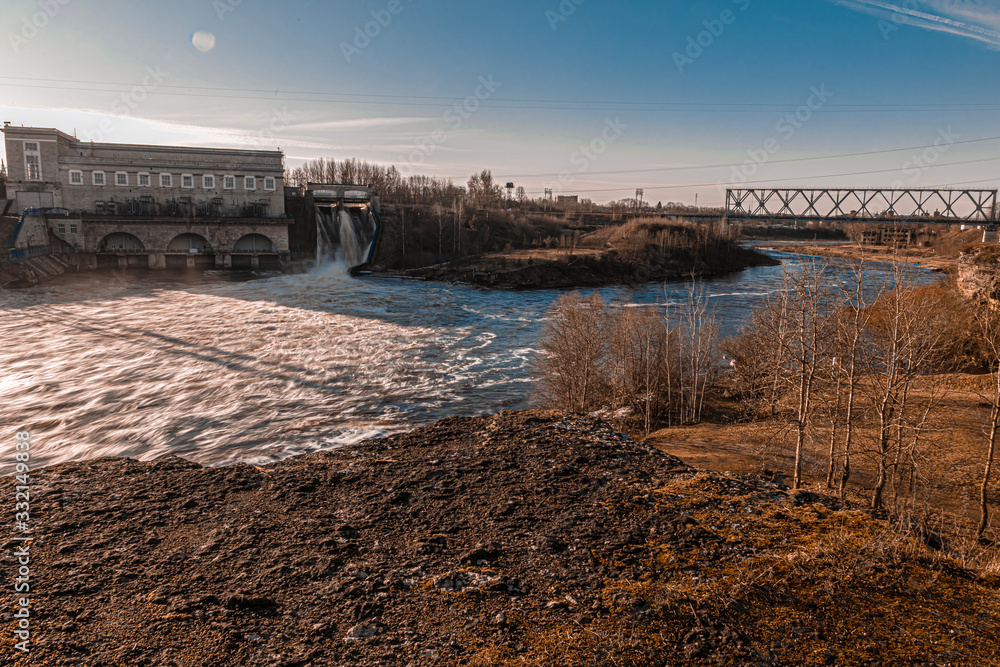 Waterfall. Power station. Narva Hydroelectric Power Station - a hydroelectric power station located on the Narva River in the city of Ivangorod, Leningrad Region