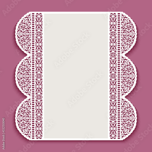 Vintage card with ornamental lace borders. Cutout paper pattern. Elegant decoration for wedding invitation or save the date card design. Template for laser cutting. 