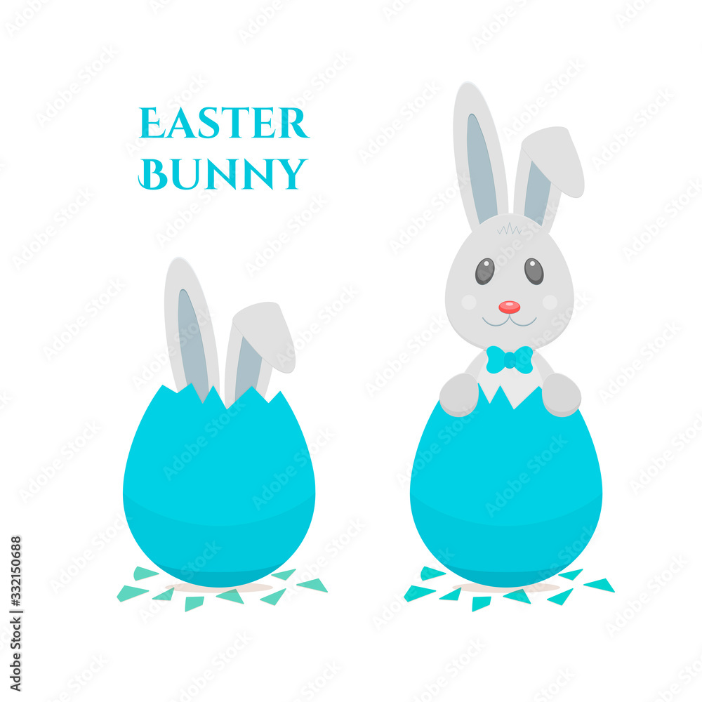 Easter bunny. Blue bow on ear. Rabbit hatching egg Easter bunny. Blue bow on ear. Rabbit hatching egg