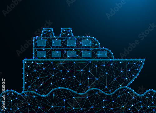 Sea ship from points and lines on dark blue background, water transport wireframe mesh polygonal vector illustration
