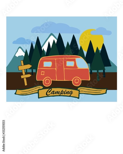 camping postcard. travel day and night. motorhome on mountains background. the long way