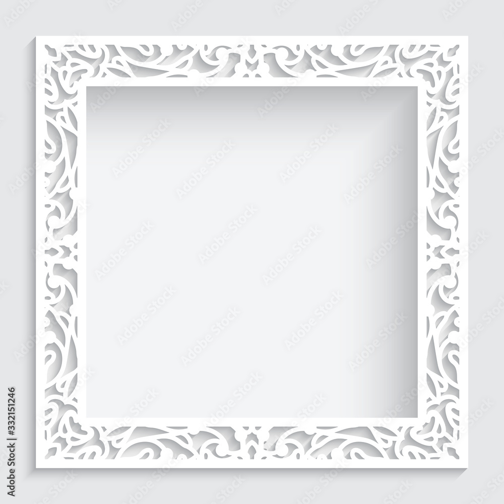 Square white frame with ornate border pattern, cutout paper swirls ornament, template for laser cutting, elegant lace decoration for wedding invitation card design Square white frame with ornate border pattern, cutout paper swirls ornament, template for laser cutting, elegant lace decoration for wedding invitation card design