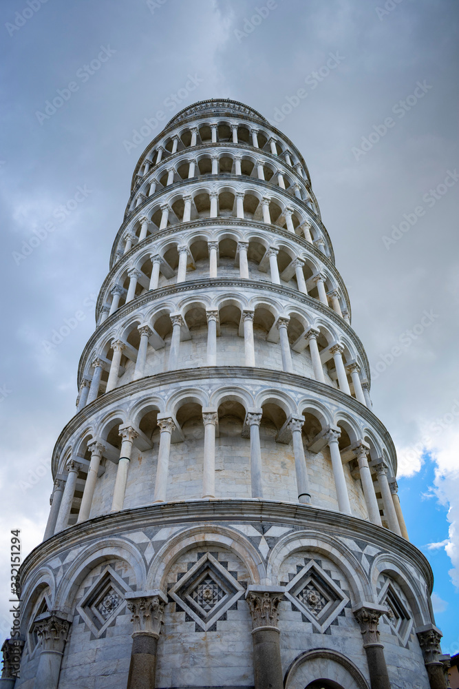 Italy, Pisa - 12 april 2019 - Bottom view of the Tower of Pisa