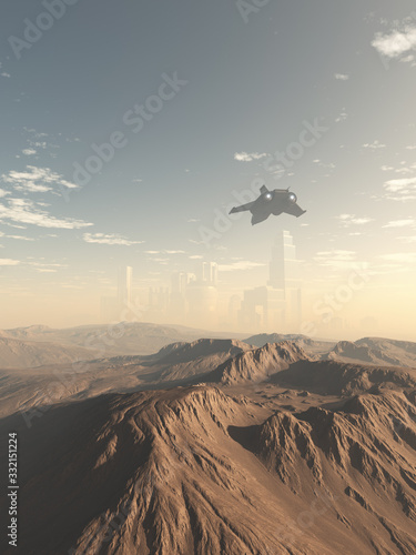 Fototapet Science fiction illustration of a distant future city on a desolate mountain top