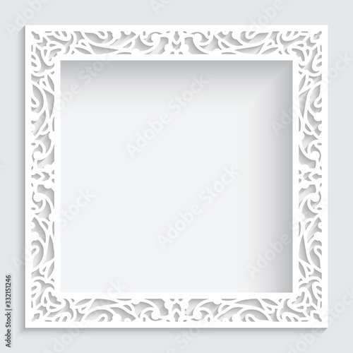 Square white frame with ornate border pattern, cutout paper swirls ornament, template for laser cutting, elegant lace decoration for wedding invitation card design