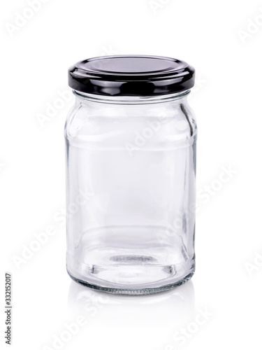 blank packaging transparent glass bottle with black stainless cap isolated on white background