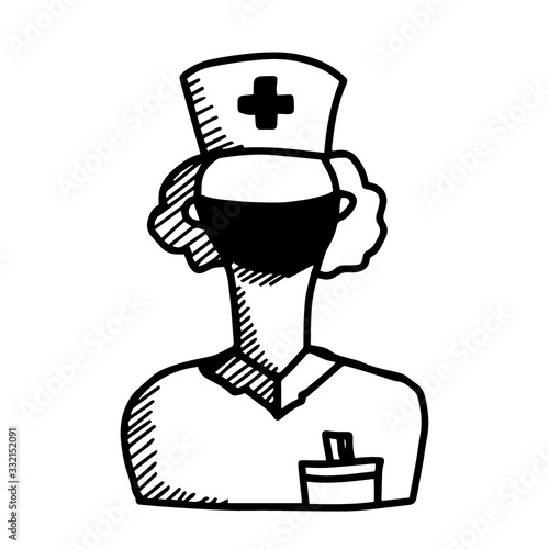 Doctor in medical mask in doodle style isolated on white background. Vector outline sign illustration. Corona virus pandemic COVID-19. Quarantine.