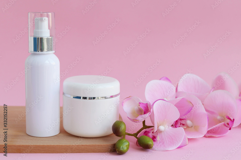 Spa facial and body care, jars with face makeup, space for text Spa facial and body care, jars with face makeup, space for text