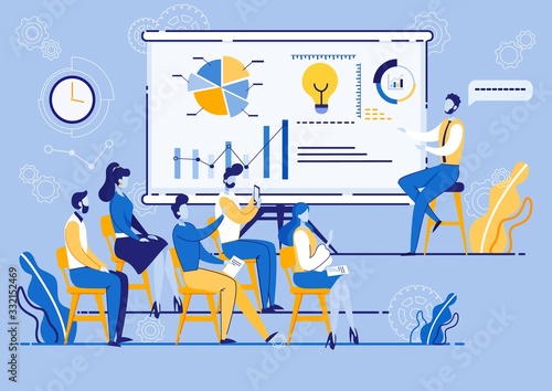 Group Sitting, Watching Speaker near White Board with Graphs Flat Cartoon Vector Illustration. Leader Talking about Strategy Showing Charts. Meeting at Business Training. Company Marketing Workshop.