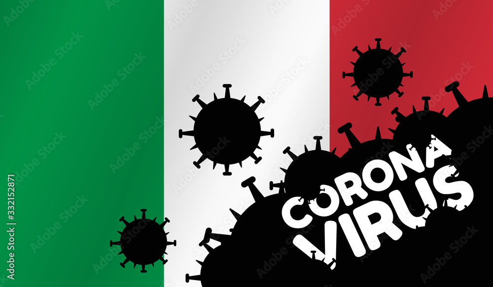 Coronavirus in Italy. Flag of Italy, words Corona Virus and virus silhouette Coronavirus in Italy. Flag of Italy, words Corona Virus and virus silhouette