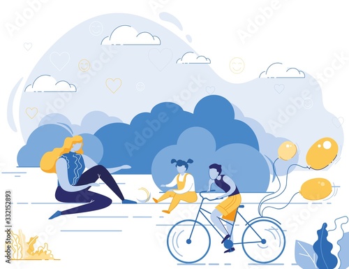 Young Woman Spending Leisure Time with Children in City Park. Son Riding Bicycle, Little Daughter Playing on Grass. Happy Family Sparetime, Summer Holidays, Vacation. Cartoon Flat Vector Illustration