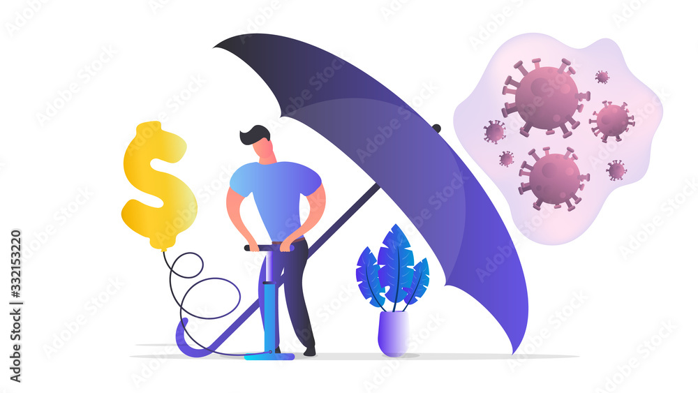 Businessman inflating a dollar ball with a hand pump. A virus-protected businessman is hidden under an umbrella. Vector illustration. Businessman inflating a dollar ball with a hand pump. A virus-protected businessman is hidden under an umbrella. Vector illustration.