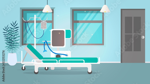 Vector illustration of a hospital. Hospital bed, dropper, highly efficient ventilator.