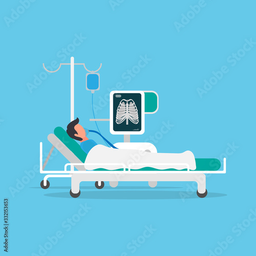 Patient with lung disease. A man lies on an artificial pulmonary device. Vector.