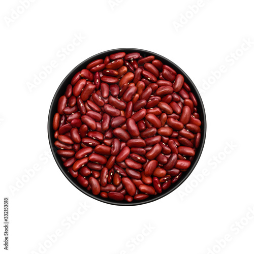 Flat lay red beans or kidney beans isolated in black cup with clipping path on white background.