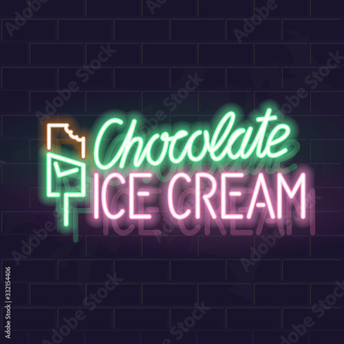 Neon chocolate ice cream typography with icons. Vector isolated neon illustration for any dark background. Fluorescent line art icon for logo, poster, menu, social network post.