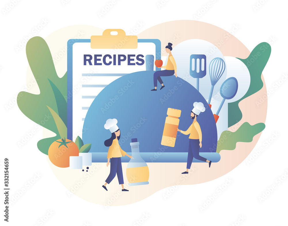 Recipes online. Tiny people cook in сhef cap. Ingredients list concept. Food blogging. Modern flat cartoon style. Vector illustration on white background Recipes online. Tiny people cook in сhef cap. Ingredients list concept. Food blogging. Modern flat cartoon style. Vector illustration on white background