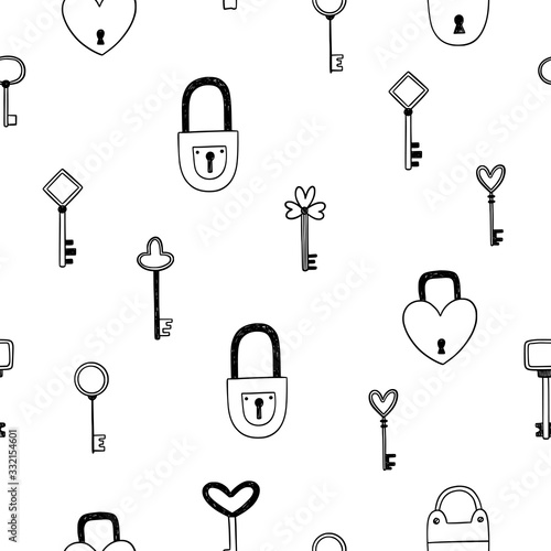 Seamless pattern with keys and locks. Vintage repeat background with white backdrop