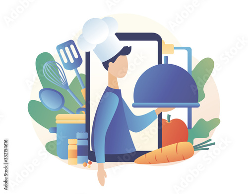 Food blogging. Recipes online. Professional chef holding dish.  Ingredients list concept. Modern flat cartoon style. Vector illustration on white background