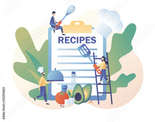 Recipes online. Ingredients list concept. Professional chef holding dish. Tiny People read recipe book and сook in сhef сap. Modern flat cartoon style. Vector illustration on white background	