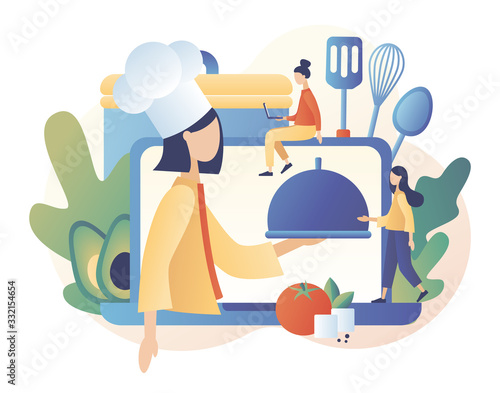 Food blogging. Recipes. Home cooking online. Professional chef holding dish. Tiny People Cook. Modern flat cartoon style. Vector illustration on white background	