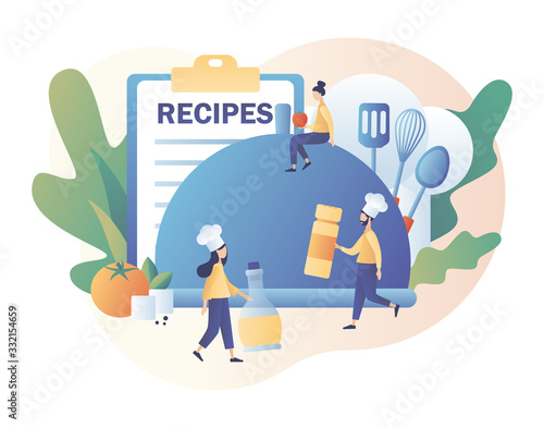 Recipes online. Tiny people cook in сhef cap. Ingredients list concept. Food blogging. Modern flat cartoon style. Vector illustration on white background