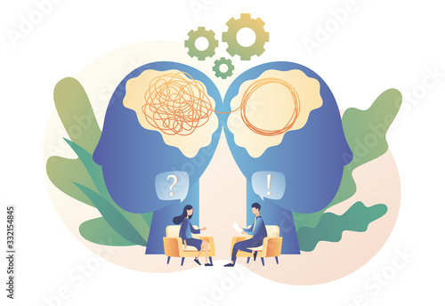 Psychologist consulting patient. Psychotherapy practice, psychological help, psychologist service, private counseling, psychology. Modern flat cartoon style. Vector illustration on white background	 photo