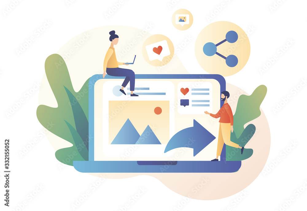 Share concept. Tiny people sharing data, photos, links, posts and news in social networks with laptop. Modern flat cartoon style. Vector illustration on white background	