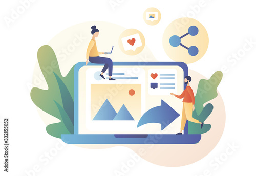 Share concept. Tiny people sharing data, photos, links, posts and news in social networks with laptop. Modern flat cartoon style. Vector illustration on white background 